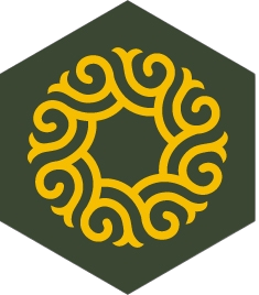 Yellow circular swirl pattern on a dark green hexagonal background.
