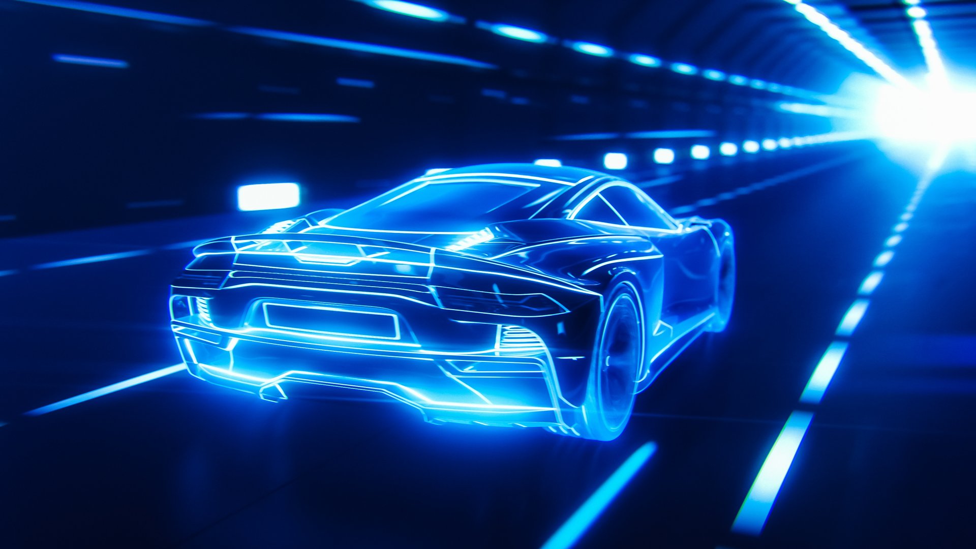 3D Car Model: Detailed Silhouette of Sports Car Driving at High Speed, Racing Through the Tunnel into the Light. Blue Supercar Made of Lines Driving Fast on Highway. VFX Special Effect Image.