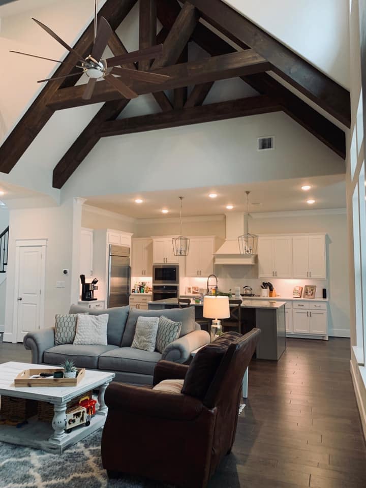 Faux beams and ship lap living room