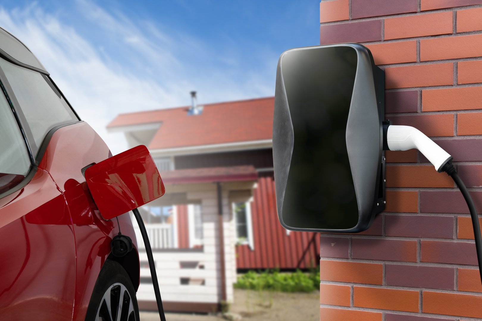 Close-up of an electric car with a cable connected and a charging station
