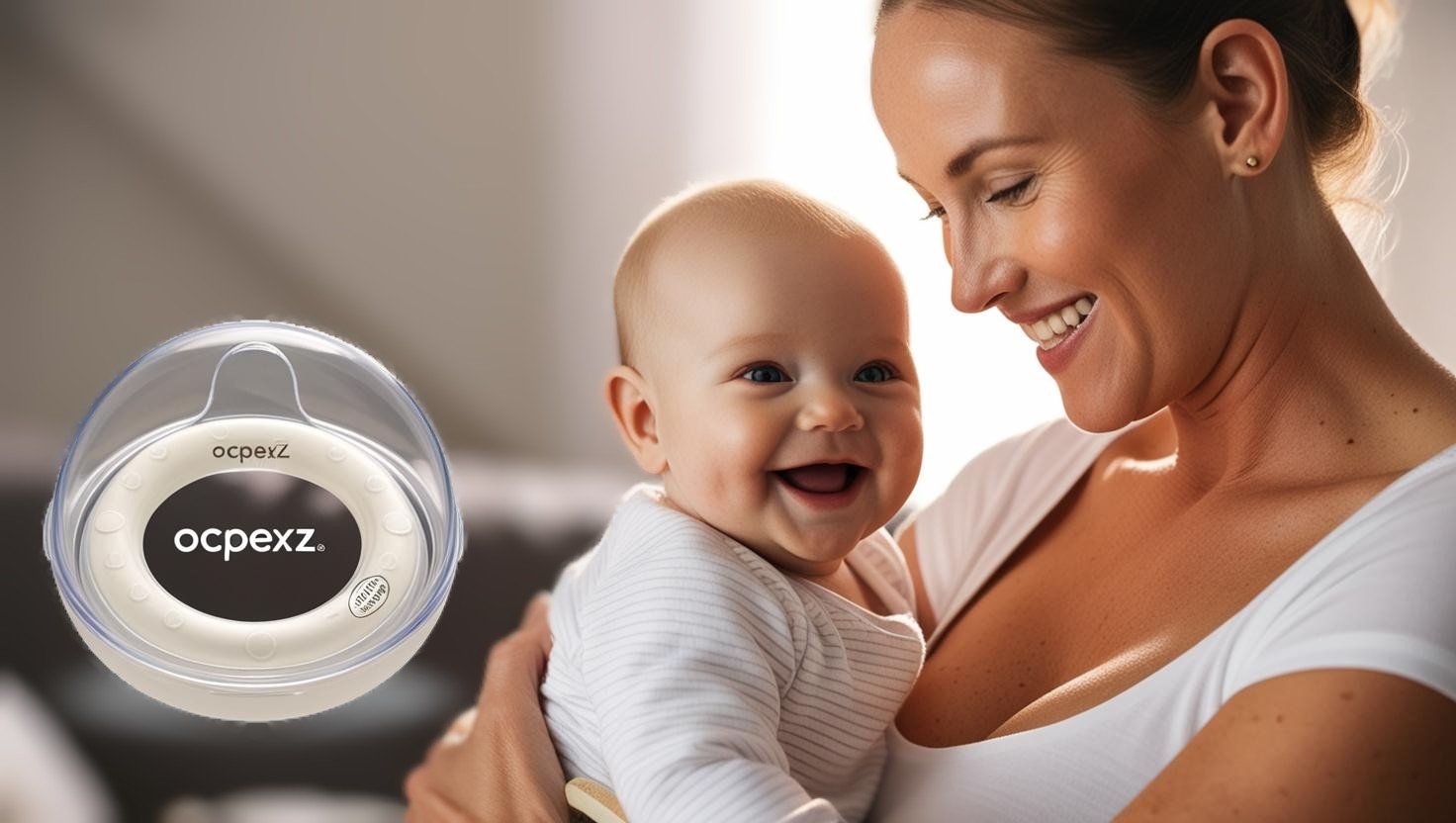 Smiling woman holding a happy baby, next to a pacifier with the brand name ocpexz visible.