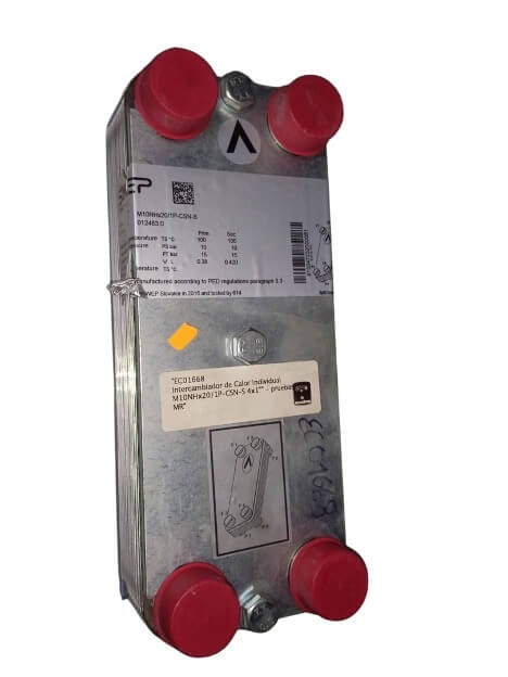 Rectangular metal heat exchanger with visible labels and four red caps at the corners.