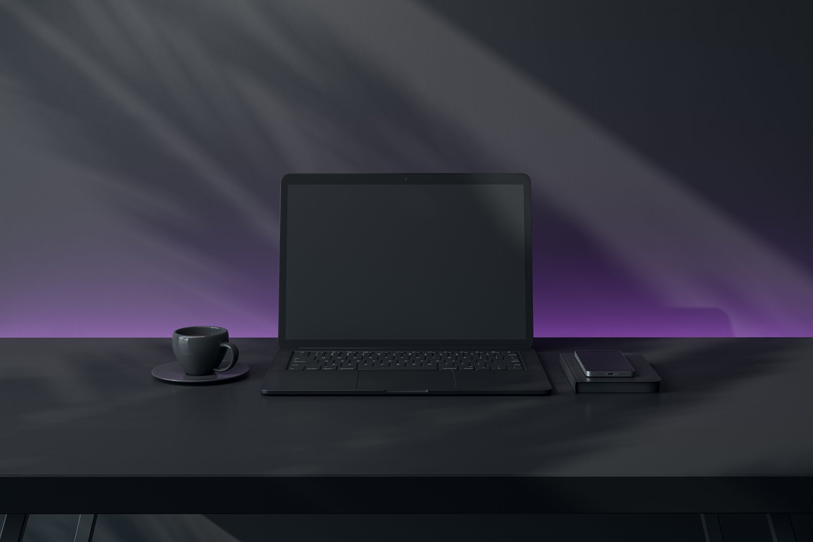 Laptop with blank screen, coffee cup, and smartphone on black desk, purple light gradient background, modern design concept. 3D Rendering