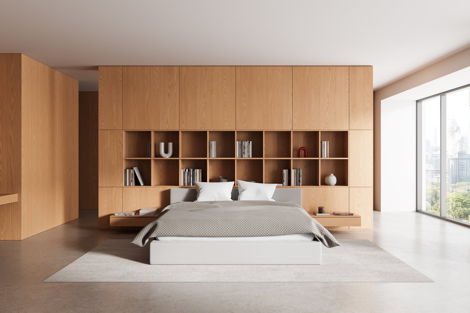 Contemporary bedroom interior with wood paneling and open shelving
