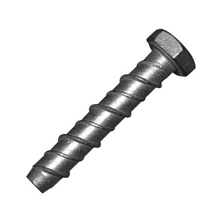 A metal screw with a hexagonal head and a spiraled, threaded shaft, designed for sturdy fastening applications.