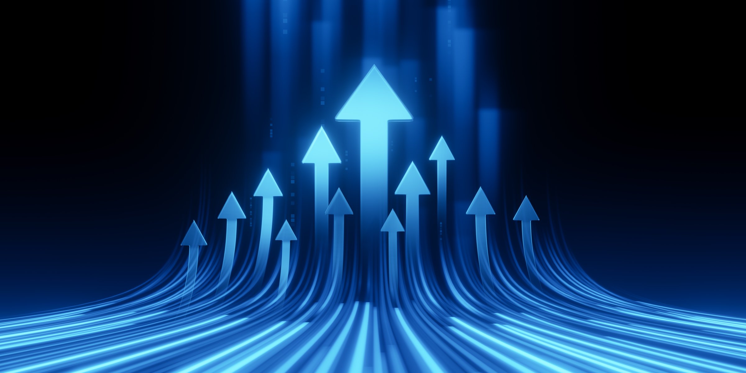 Abstract depiction of arrows moving upward on a dark background with blue lines. Symbolizes advancement, success, and upward trends in technology and data.