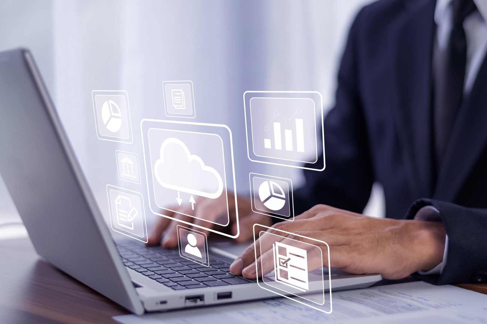 Businessman using computer, Cloud Computer technology and storage online for computer, computer backup storage data Internet technology backup online document,  backup data concept