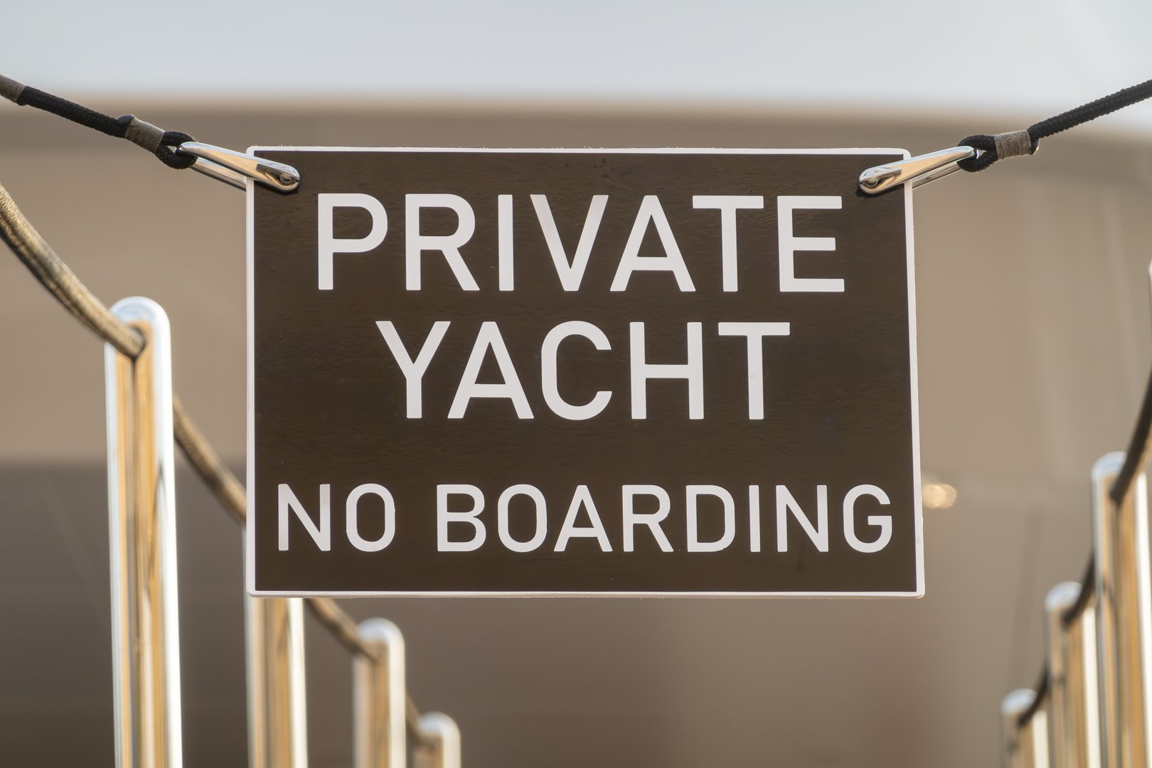 Valletta, Malta Nov 9, 2024 A Private Yacht No Boarding  sign on the gangway of a super yacht docked in the Grand Harbour.