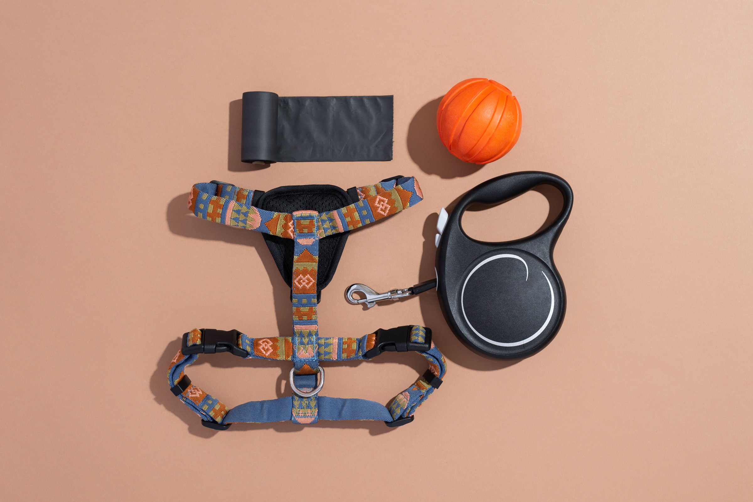 Beautiful dog harness, retractable leash and poop bags on beige background. Ammunition and accessories for dog, top view, copy space