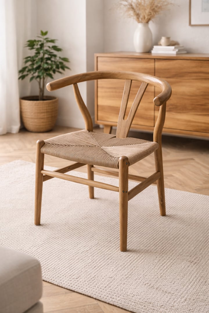 Silla tipo Wishbone Y Chair estilo escandinavo con respaldo aro curvo continuo y soporte central en Y, asiento tejido de cuerda en patrón diagonal