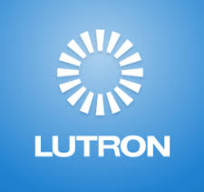 Lutron logo featuring a circular design with rays on a blue background, and the word 'LUTRON' below in white letters.
