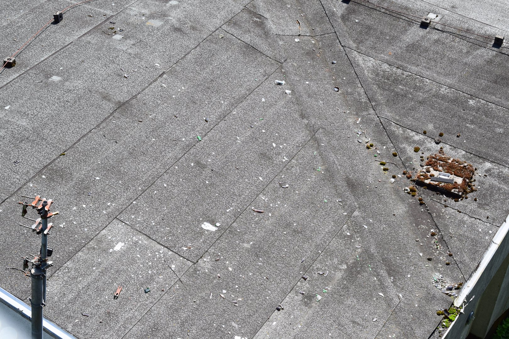 Cracked roof membrane damage showing broken flat roof surface