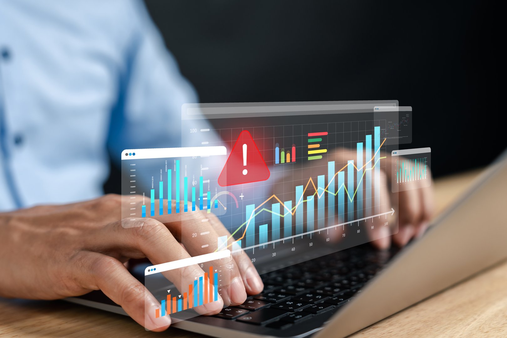 Risk warning alert in digital investment graph showing financial crisis and data analysis