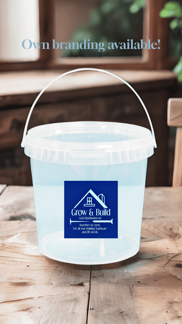 Clear plastic bucket with "Grow & Build" logo on a wooden table, advertising customizable branding options.