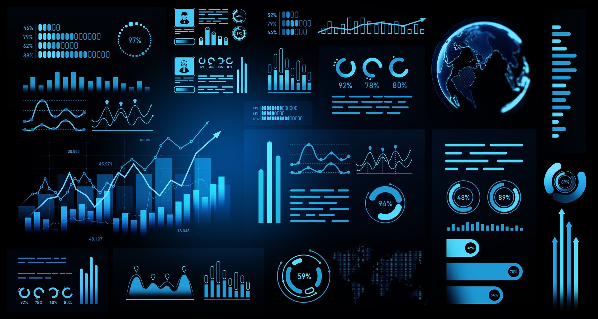 Digital dashboard interface showing futuristic data analytics charts, glowing blue graphic style, on dark background. Concept of technology and analytics. 3D Rendering