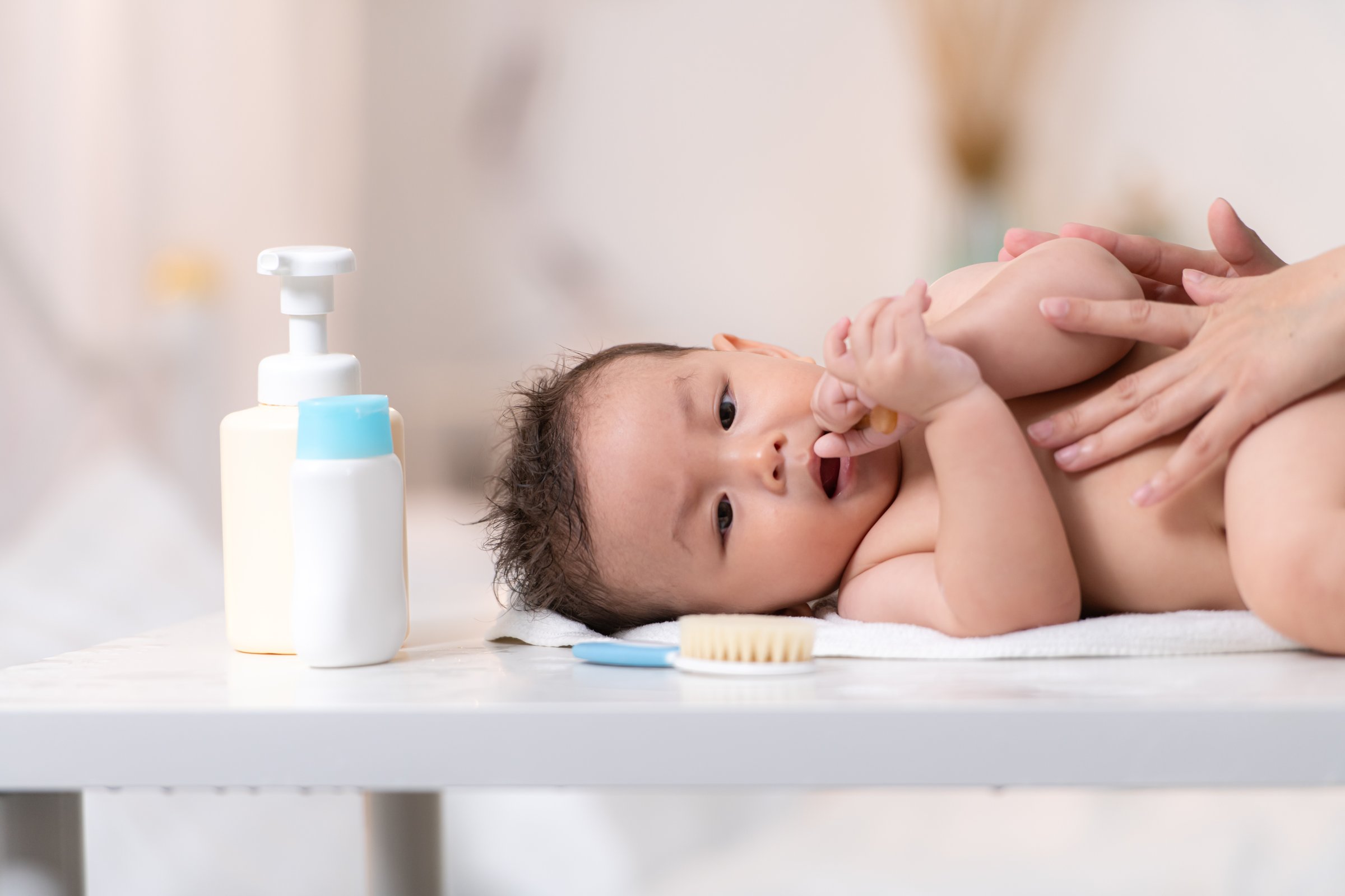 After bath time, it's time to put on powder and get dressed