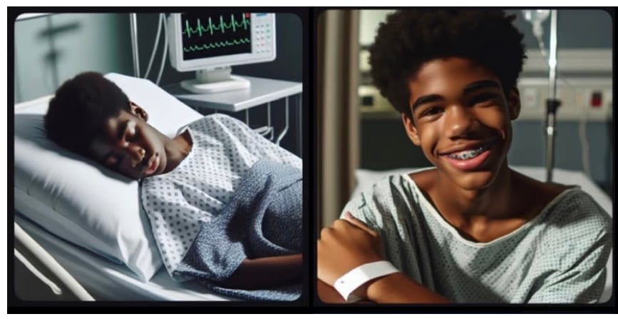 Two images: a boy sleeping in a hospital bed, and the same boy smiling with braces and a hospital bracelet.
