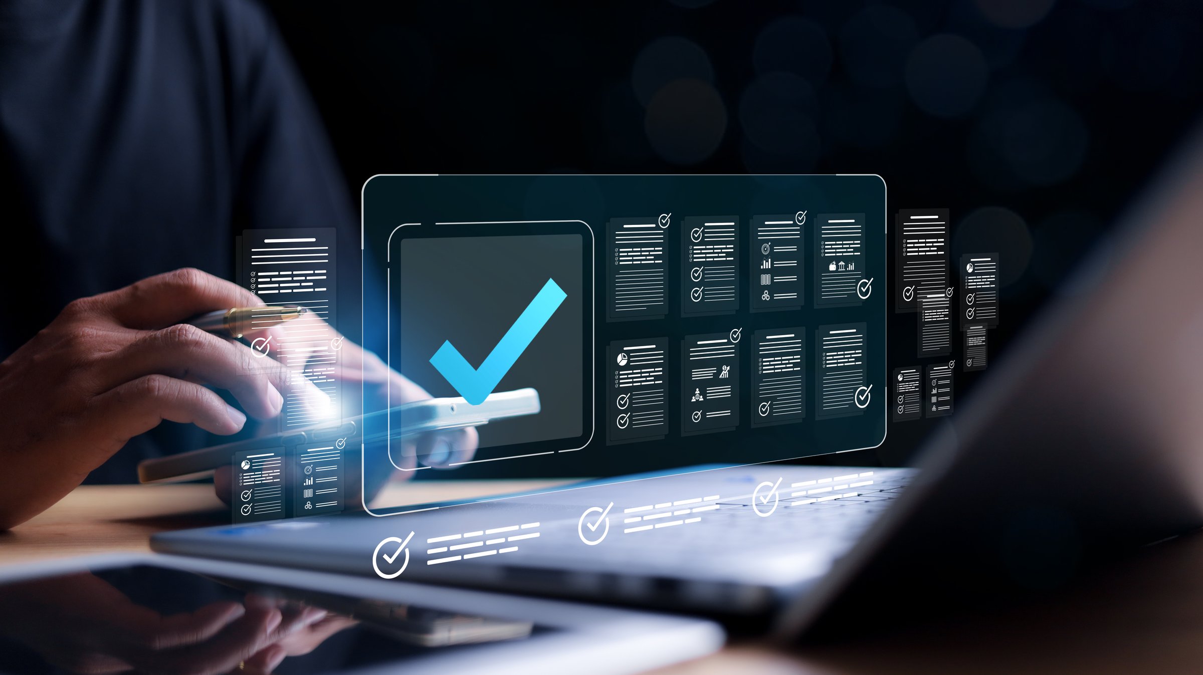 Businessman Take an assessment, Check list, questionnaire, evaluation, filling out an online survey form. Answer the test questions. online survey exam Choosing the right answer in the exam,