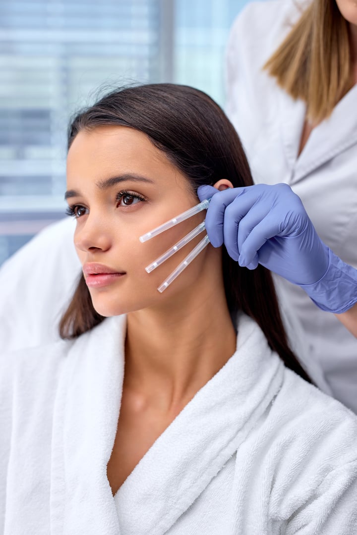 Side view close-up photo of young beautiful woman came to beautician to get PDO thread, Thread Lifting procedure. Aesthetic beauty anti aging, face lifting surgery. Chossing the best thread