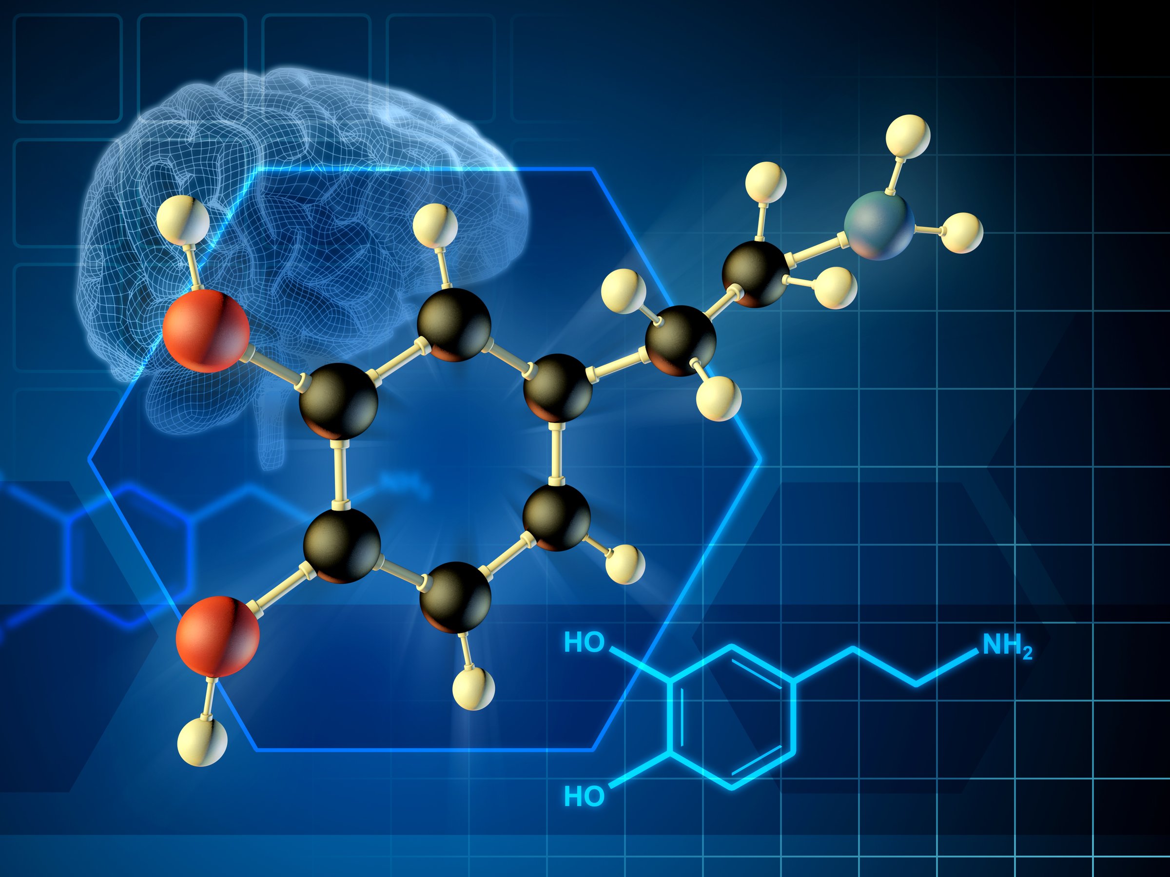 Dopamine molecule formula and 3D diagram. 3D illustration.