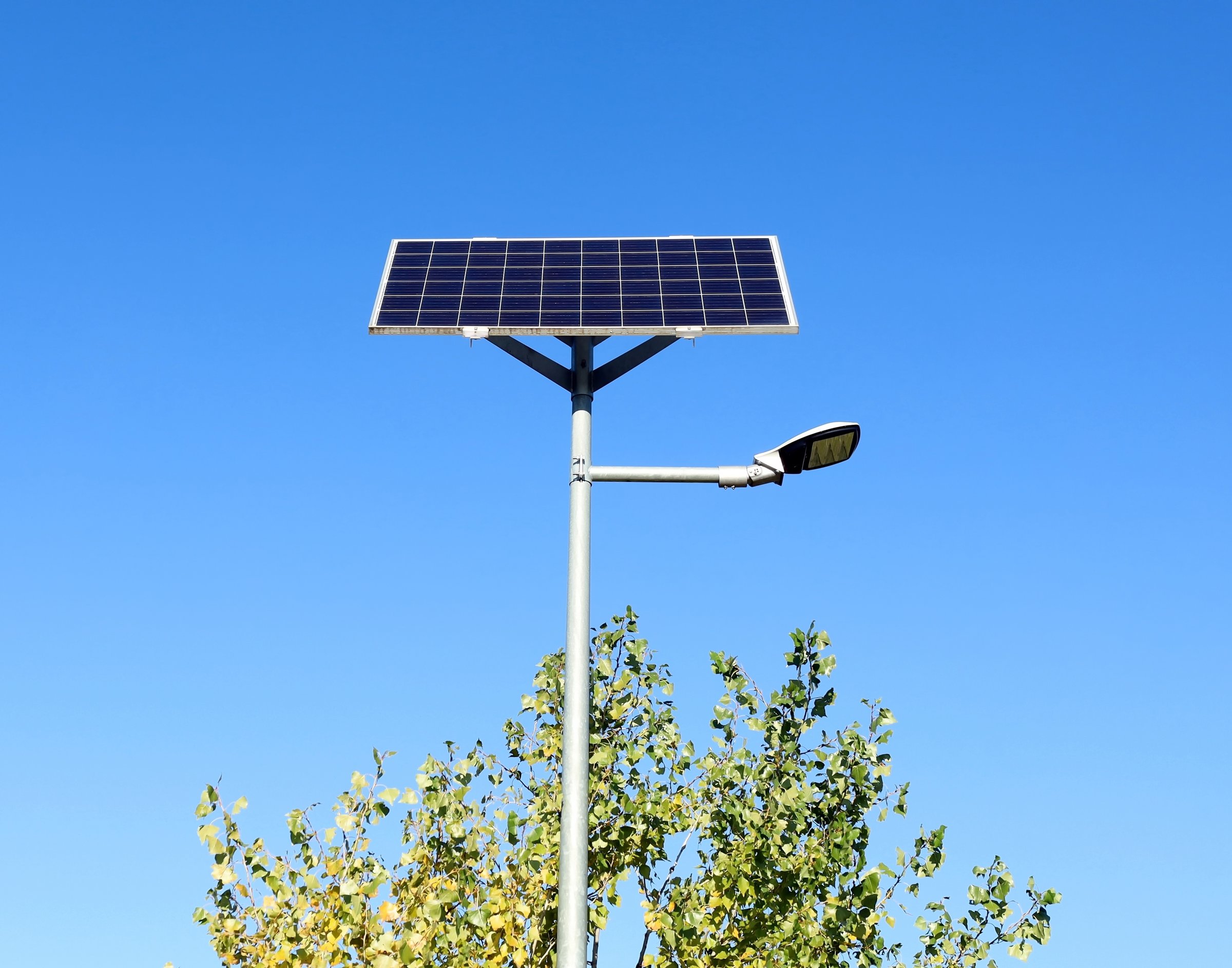 Led solar cell street light on blue sky background with a tree