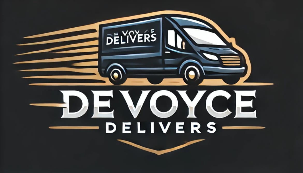 Illustration of a delivery van with the text 'DeVoyce Delivers' in bold lettering below on a dark background.