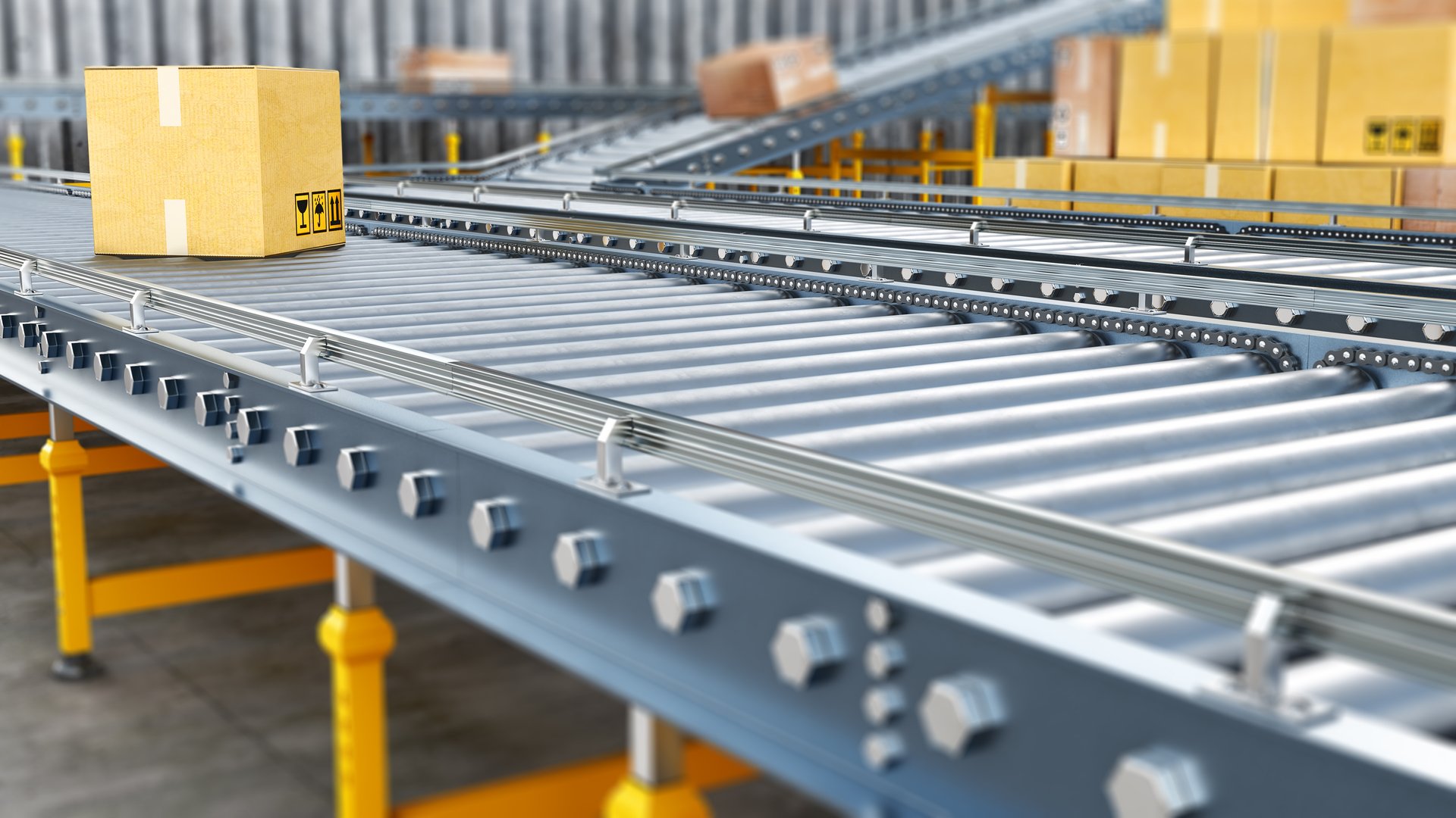 Metallic conveyors with boxes are stretching far away, stack of boxes is near, 3d illustration