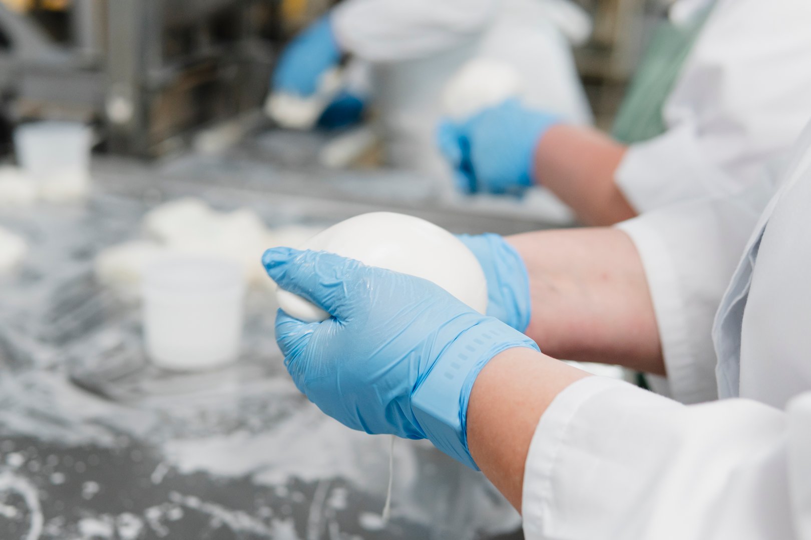 Mozzarella cheese factory. Produces handmade mozzarella with fresh milk, close up. Concept of cheese industry and tradition Italian food