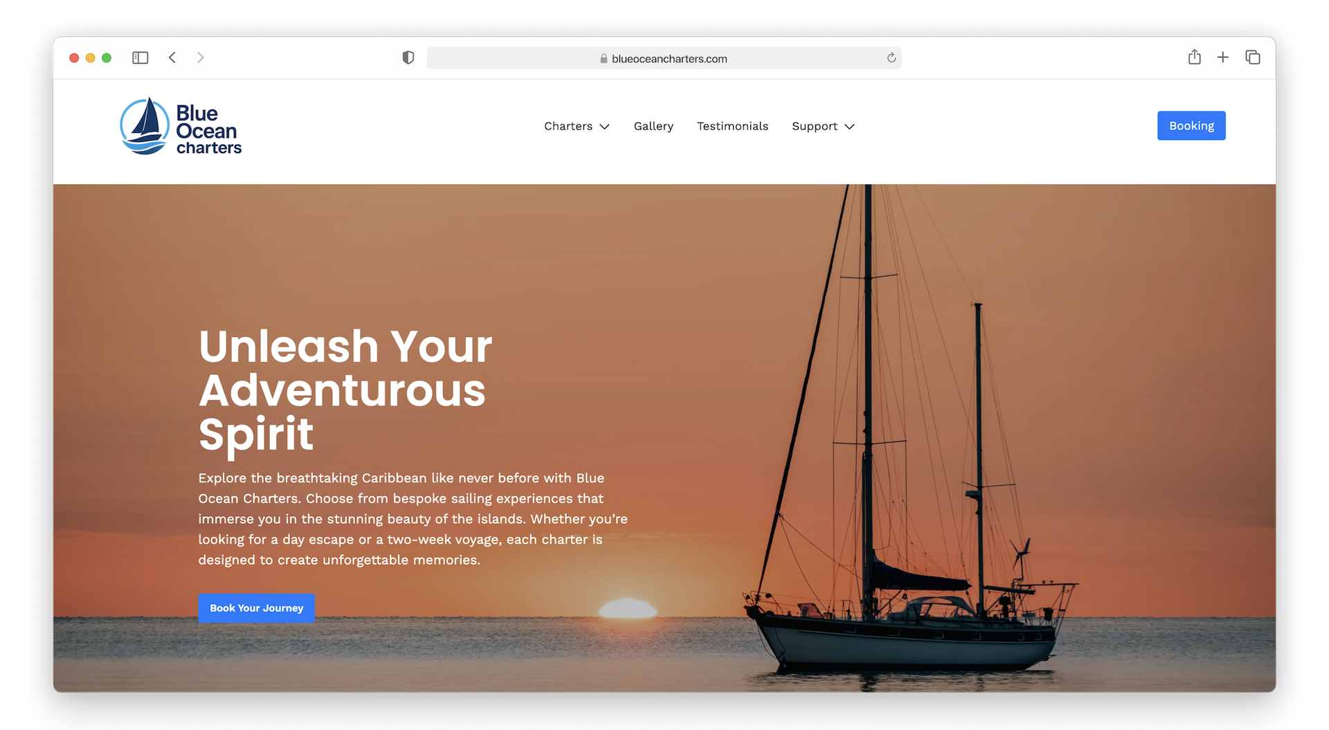 Website homepage for Blue Ocean Charters featuring a sailboat at sunset with a headline about Caribbean sailing experiences.