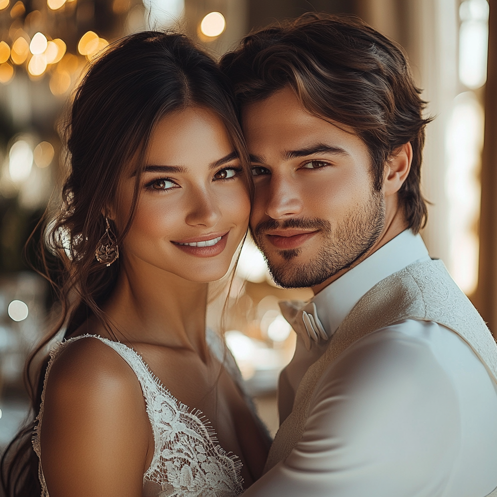 Smiling couple, elegantly dressed, pose closely together at an indoor event with warm, ambient lighting.