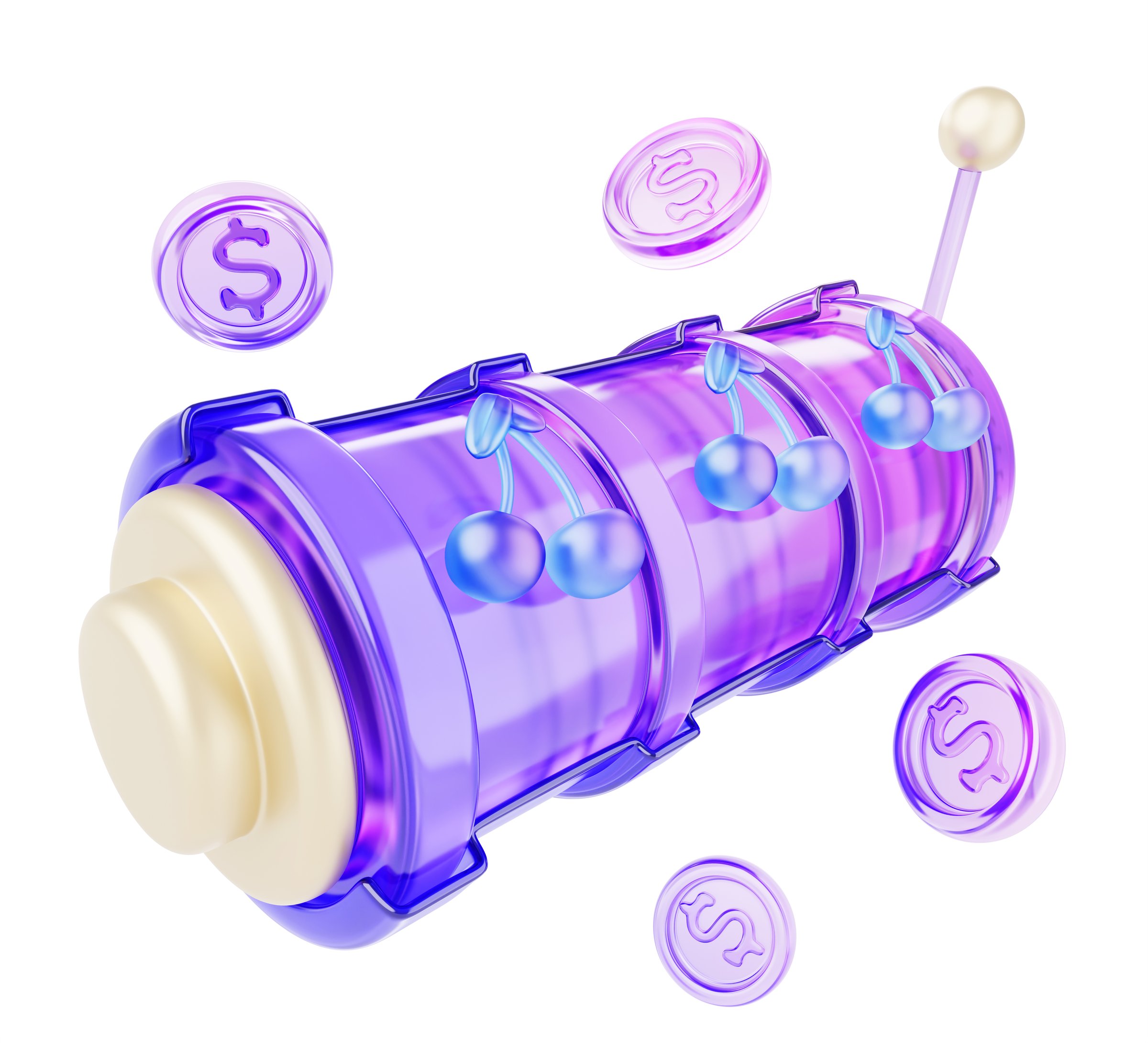 Glass hologram slot machine 3d icon with cherries and flying coins. Win jackpot in online casino with lucky reel. Crystal gradient roulette, wheel with lever handle, gambling lottery. 3D illustration