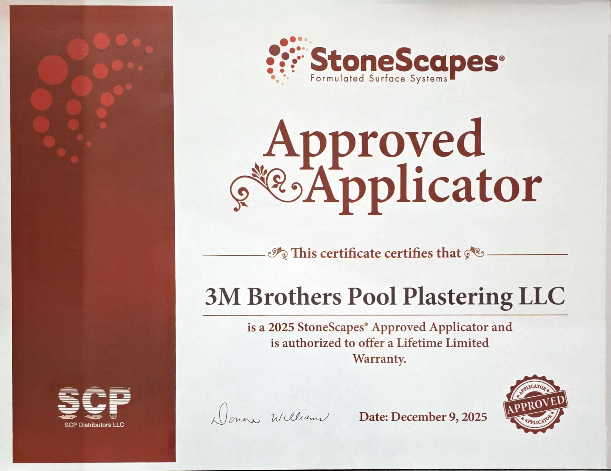 StoneScapes Approved Applicator Certificate for 3M Brothers Pool Plastering LLC
