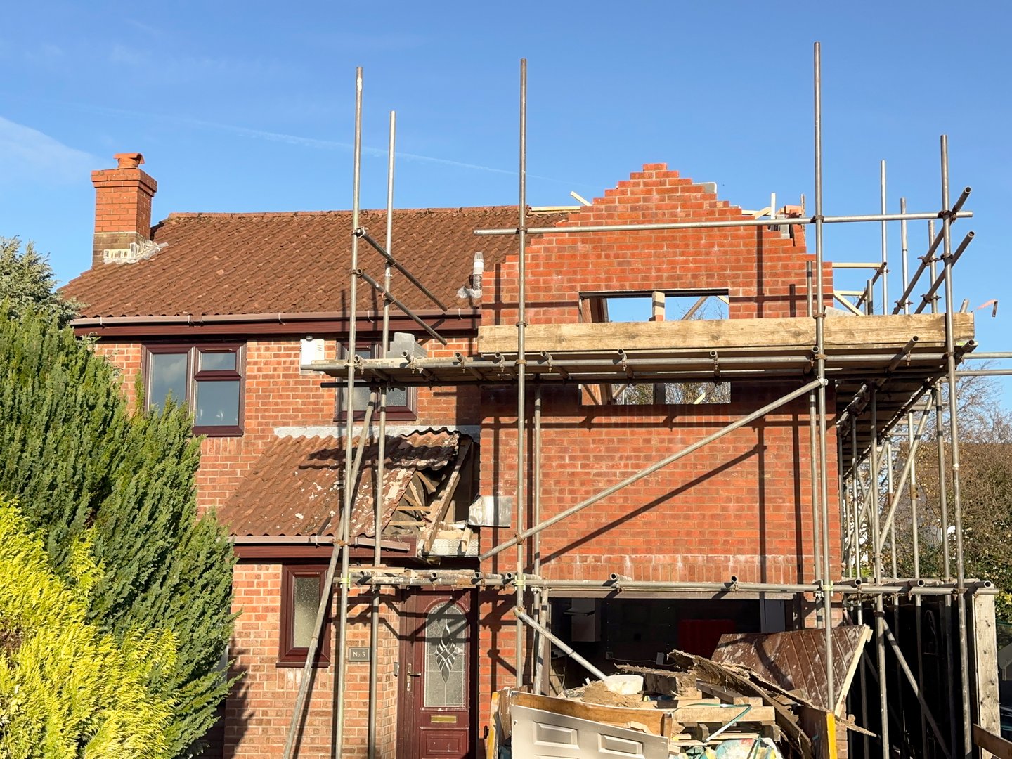Pontypridd, wales - 23 November 2023: Scaffolding around a house during the construction of an extension