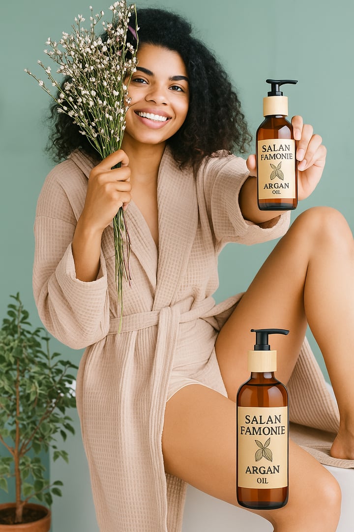 A bottle of Salan Famonie Jojoba Oil