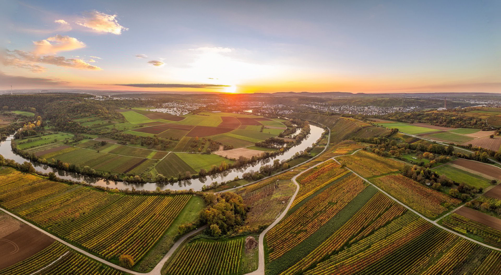 aerial view of the river loop in the Neckar Valley with its famous steep vineyards next to Mundelsheim and Hessigheim in Baden-Wuerttemberg, Germany