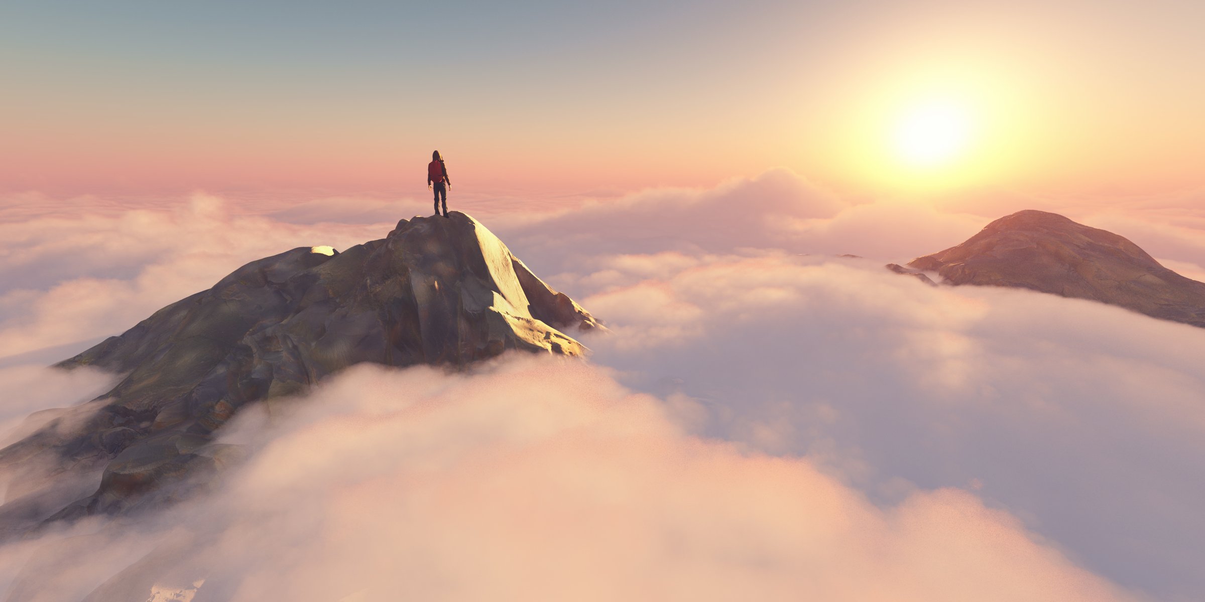 A man standing on a stone cliff over the clouds .Success concept. This is a 3d render illustration