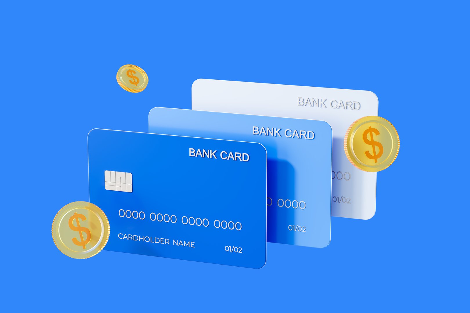 Three colorful bank cards are shown with floating coins against a blue background, representing financial transactions. 3D Rendering