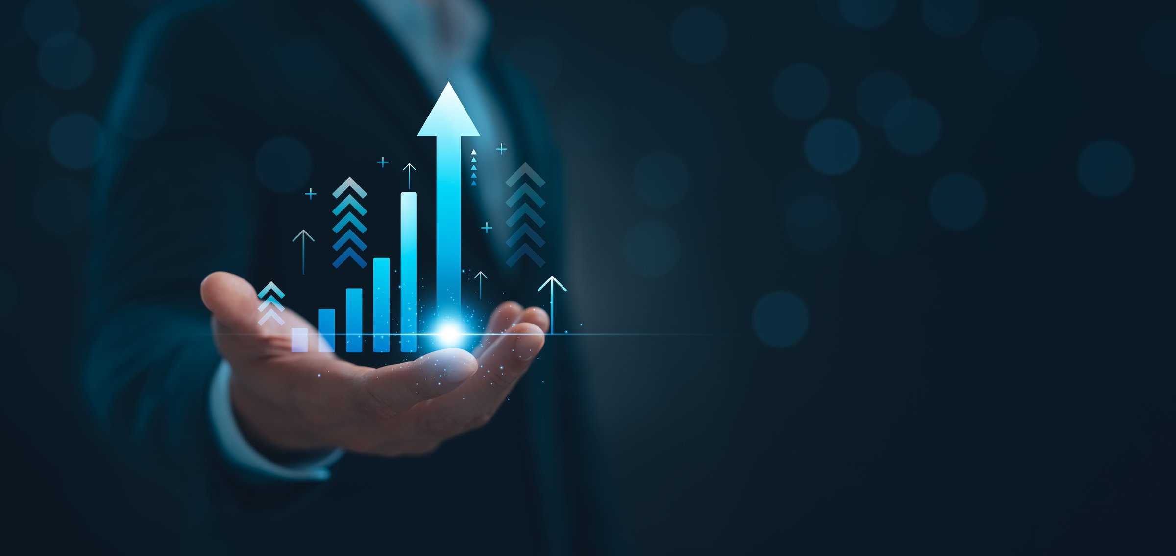 global business growth analysis and asset investment chart Business and Finance Up arrow Holographic economic chart, global economic trend analysis, financial graph analysis on virtual screen.