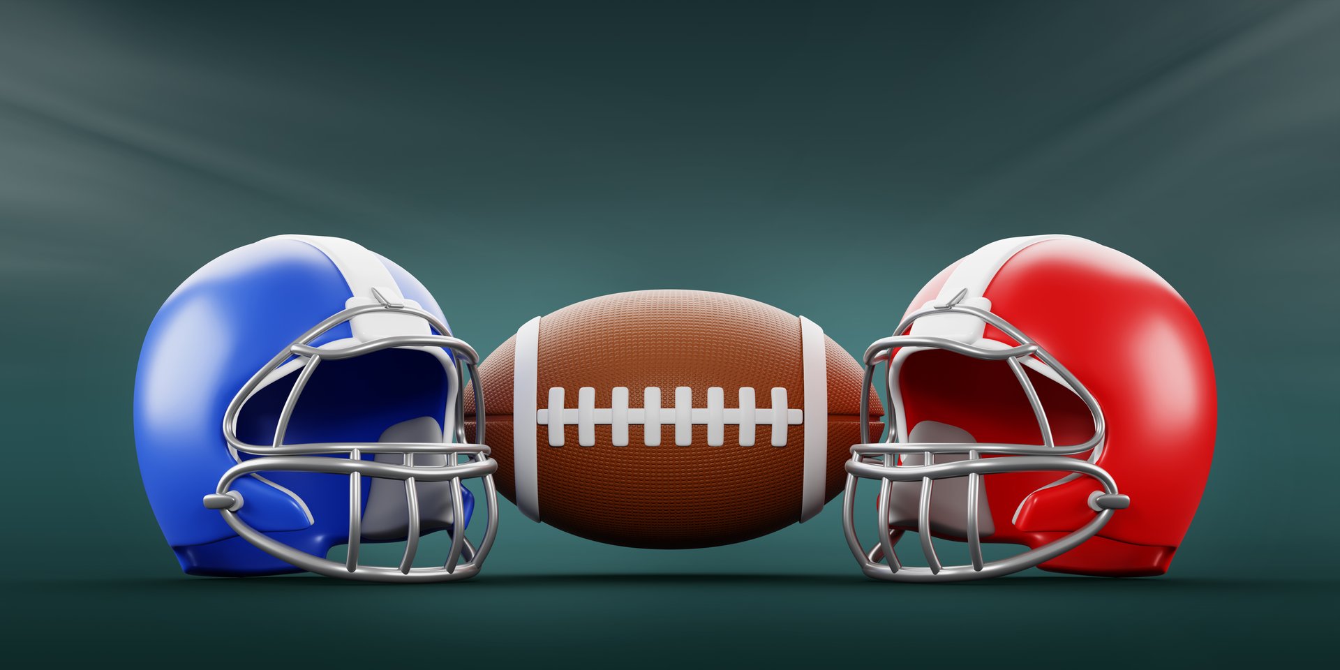 Super Bowl Sunday background. American football ball with blue and red helmet on soccer pitch with spotlight beams. Superbowl banner with sports equipment teams for championship game. 3D illustration