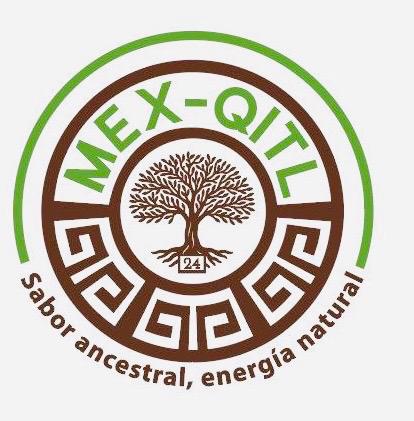 Circular logo with a tree at the center, labeled MEX-QITL, featuring geometric patterns and the phrase Sabor natural, esencia ancestral.