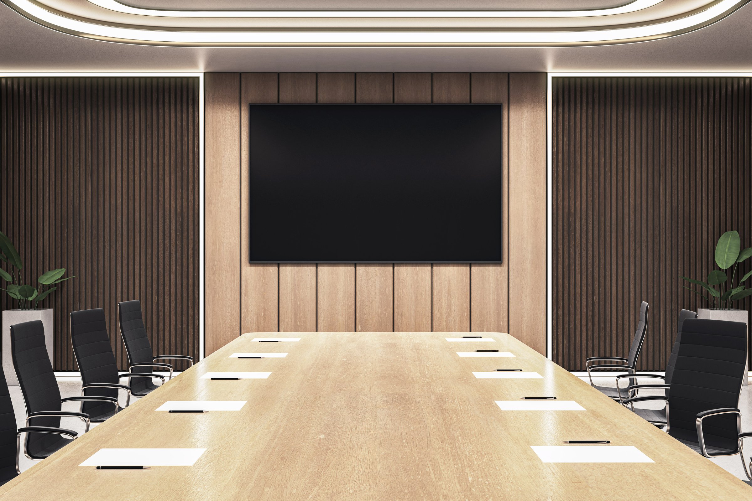 Modern empty conference room interior with wooden table, black chairs, and wall display screen in luxury office workspace. 3D Rendering