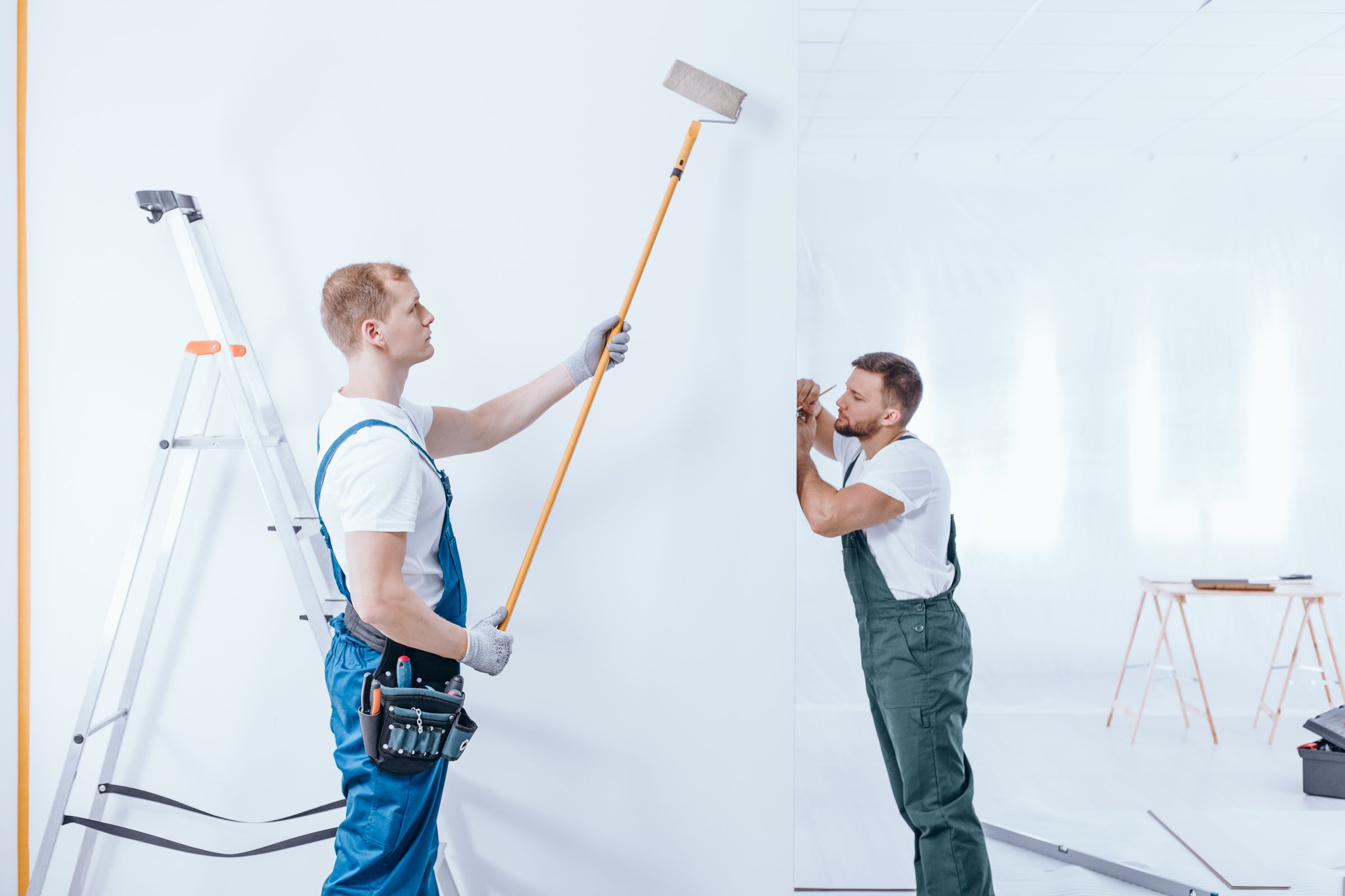 Diy specialist painting walls with paint roller while his coworker does measuring activities