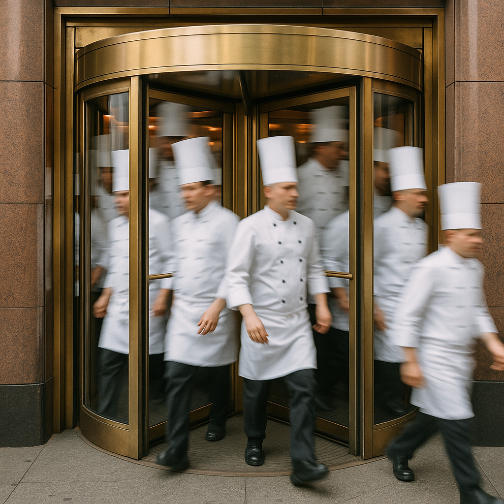 Chefs in white uniforms and tall hats walking through a revolving door of a building, captured in motion blur.