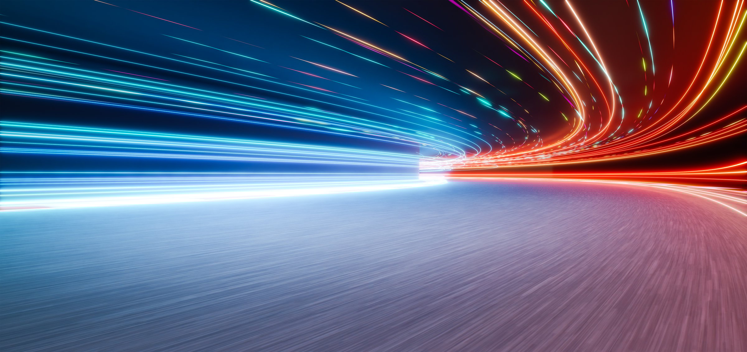 Futuristic tunnel illuminated by colorful light trails at night, creating a sense of speed and motion. 3d rendering