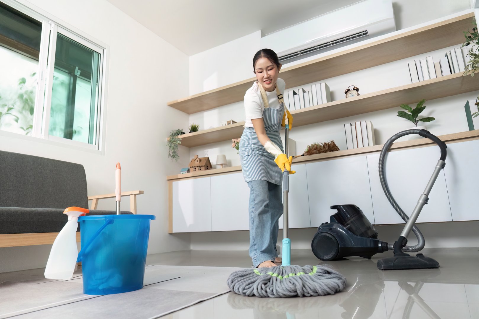 A woman in yellow gloves mops the floor of a stylish living room, showcasing cleanliness and sustainability in home care.