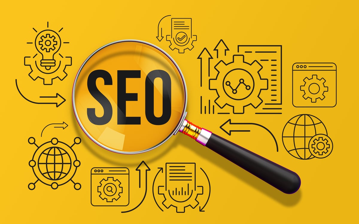 A 2D illustration set on a vibrant yellow background, featuring a magnifying glass surrounded by various SEO-related icons. This design highlights key concepts of search engine optimization, symbolizing analysis, keyword research, website performance, and digital marketing strategies.