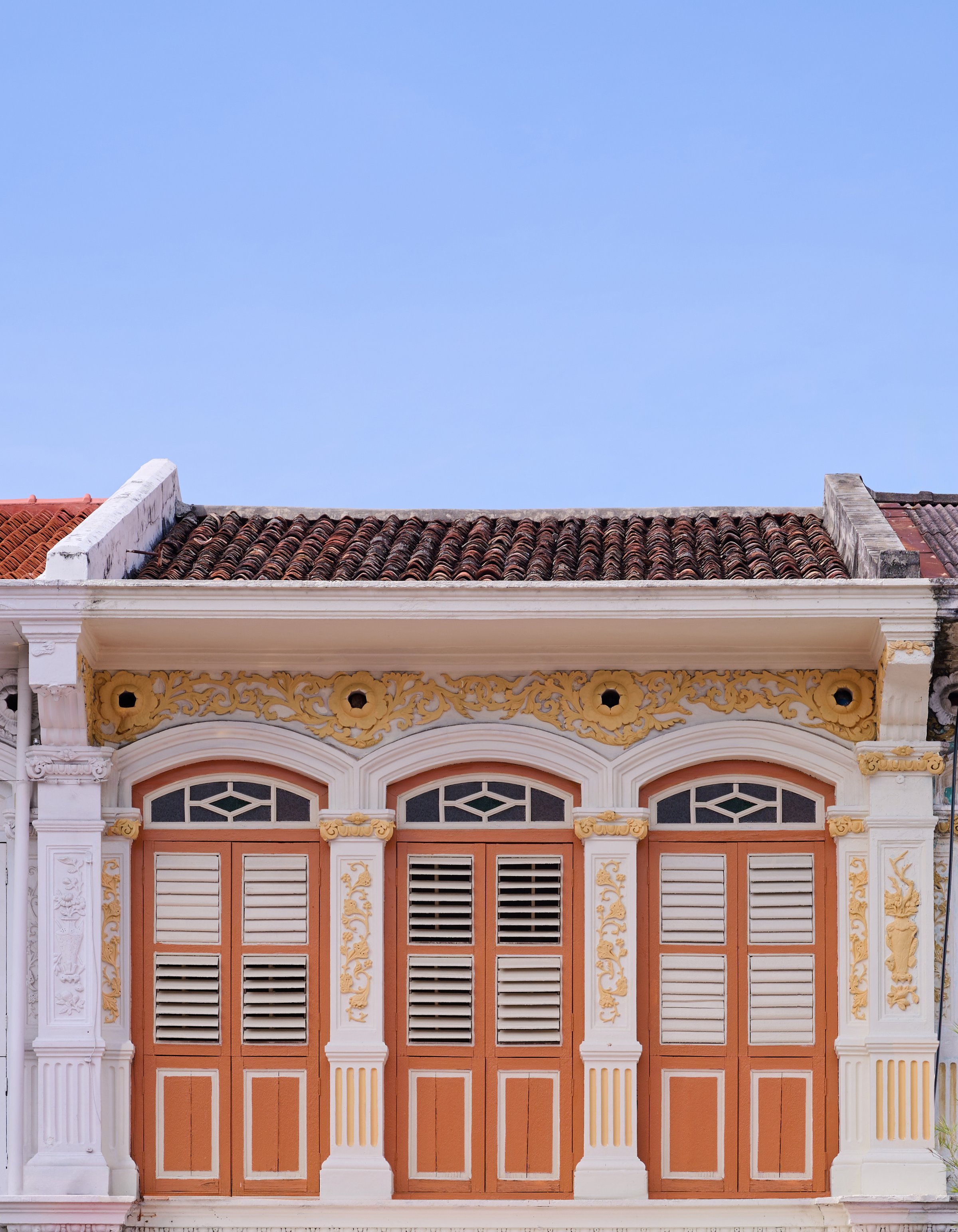 Vintage Sino-Portuguese architecture background at George Town, Penang. Heritage House's Antique Window Shutters.