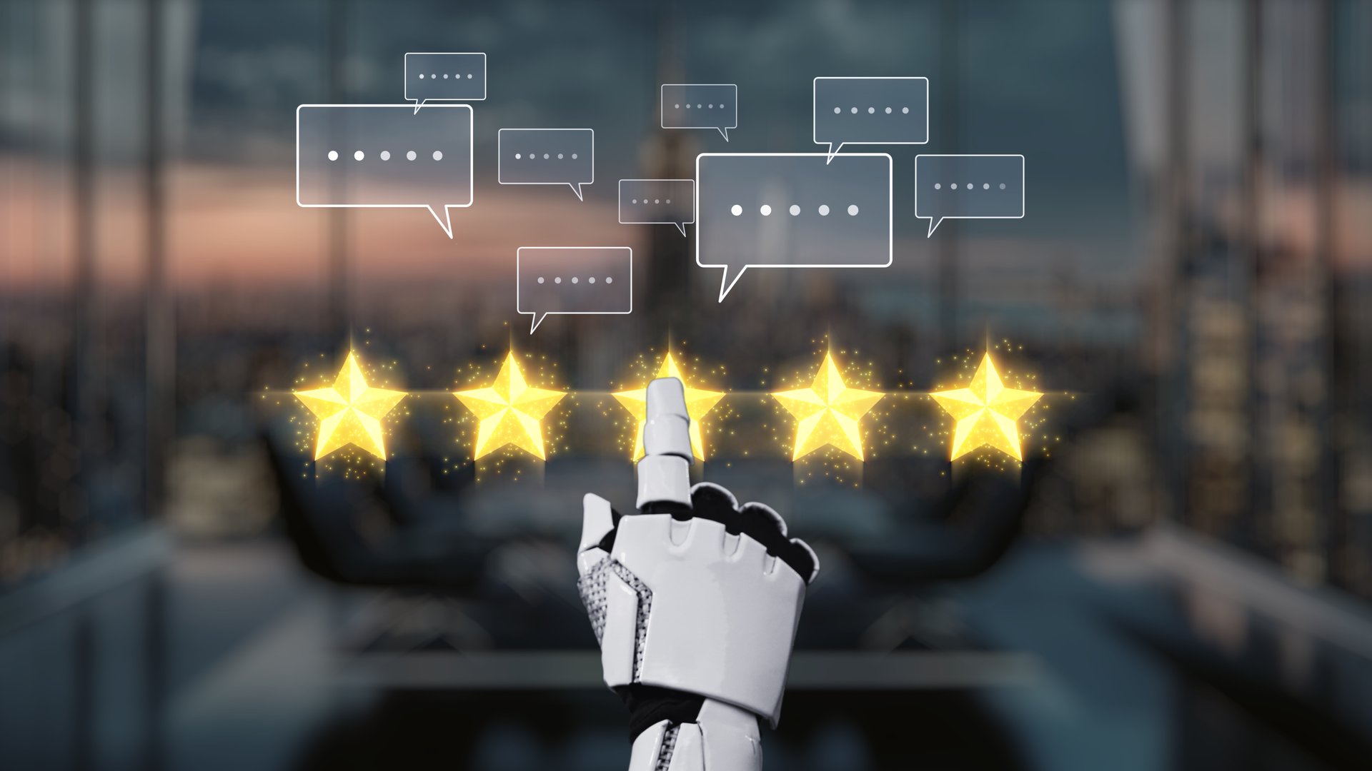 A futuristic robotic hand displays five shining stars against a modern city background, symbolizing high ratings and positive reviews in a technological environment. Auvana