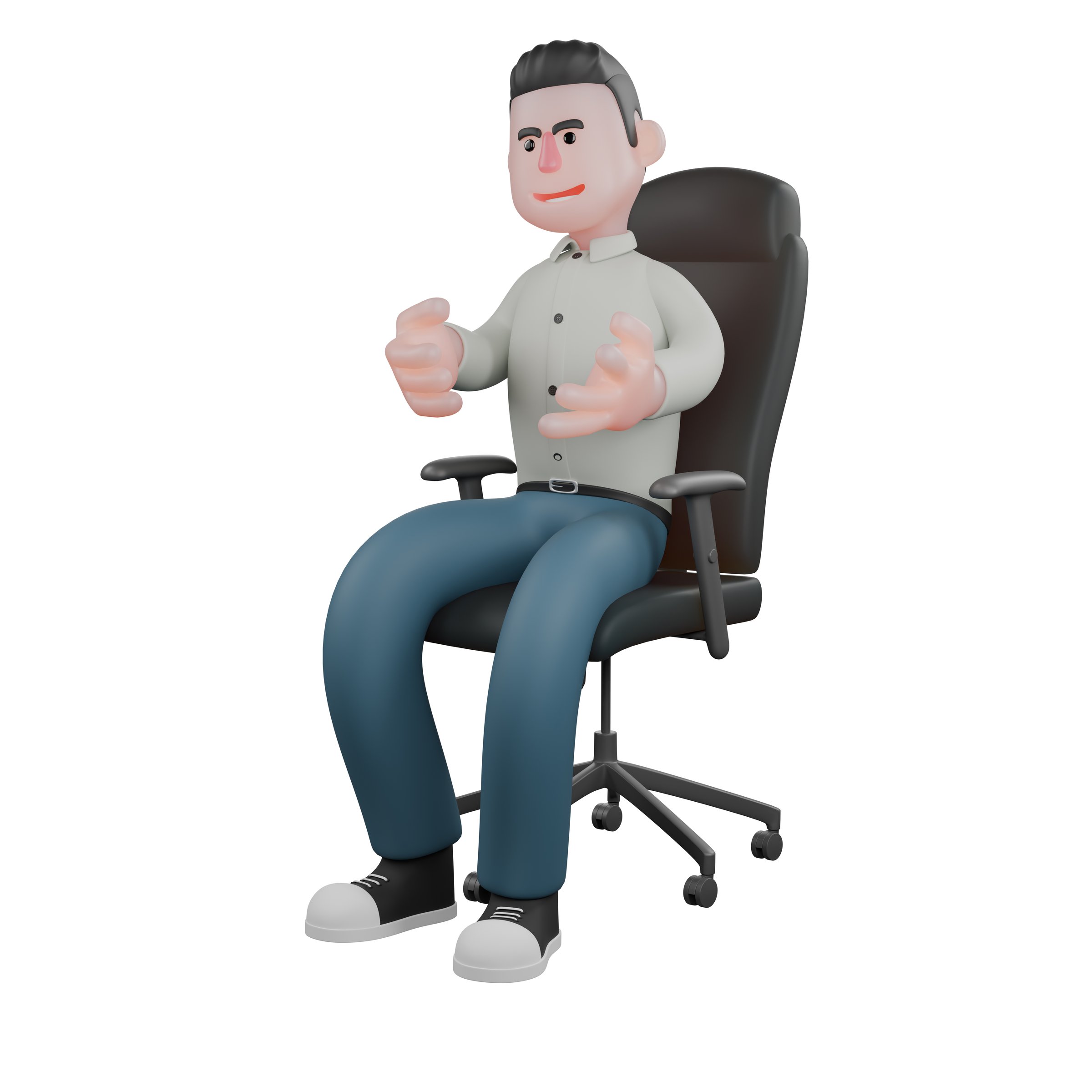 Male Professional Writer - 3D Character. A male writer is sitting while raising his hands in front of his chest. Literary