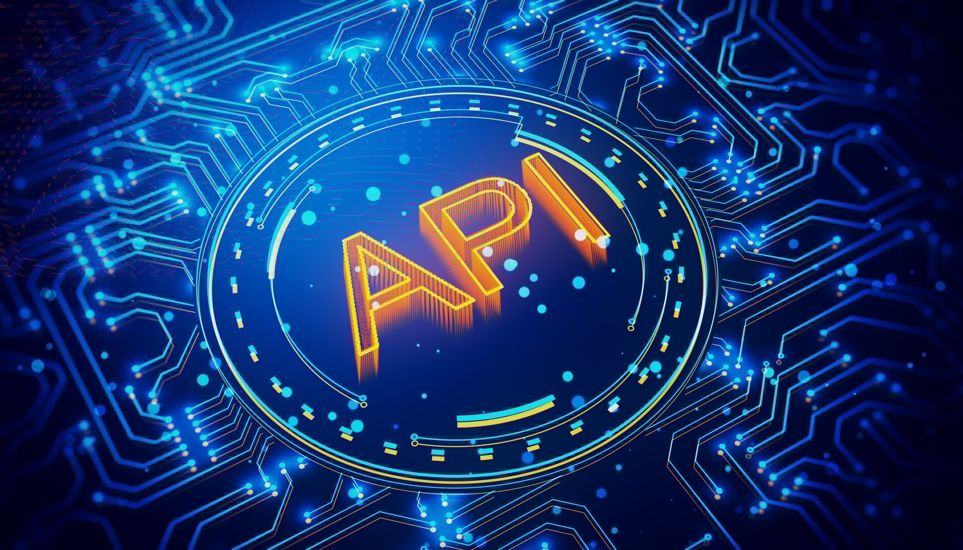 A neon-style API symbol displayed on a circuit board background, representing technology and digital infrastructure. 3D Rendering